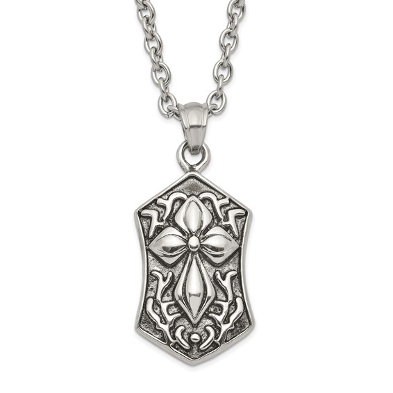 Stainless Steel Polished and Antiqued Cross Necklace