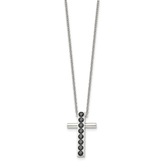Stainless Steel Polished w/Black CZ Cross 22in Necklace