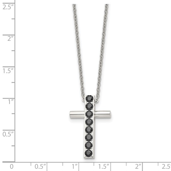 Stainless Steel Polished w/Black CZ Cross 22in Necklace