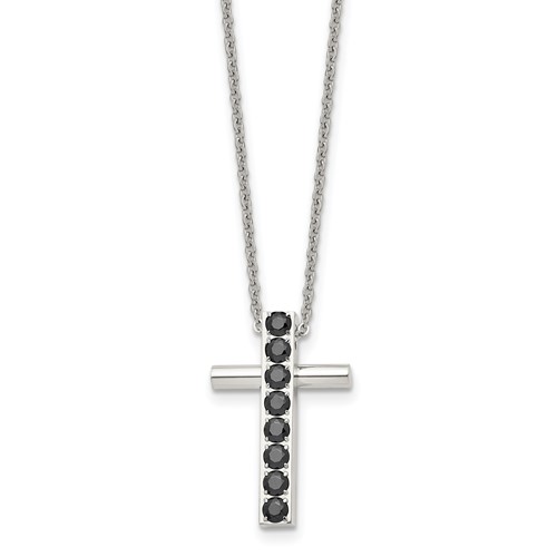 Stainless Steel Polished Necklace with Black CZ Cross, 22"