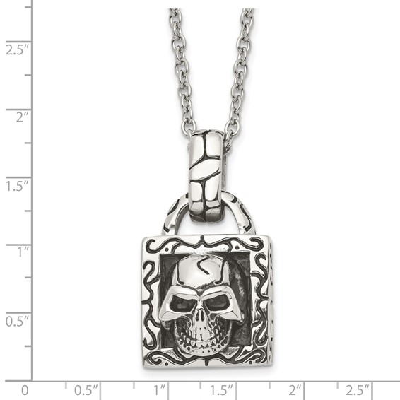 Stainless Steel Antiqued and Polished Skull 22in Necklace