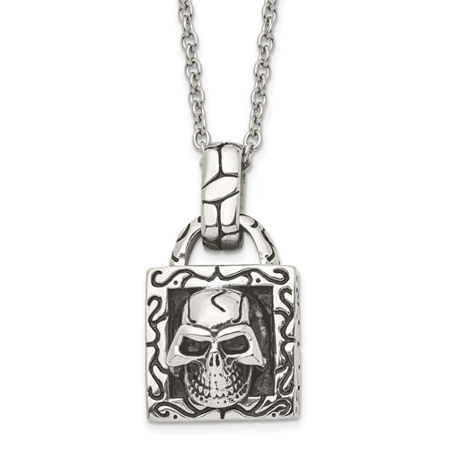 Stainless Steel Antiqued and Polished Skull Necklace, 22"