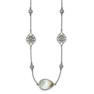 Stainless Steel Polished w/Black Mother of Pearl & CZ w/3in ext Necklace