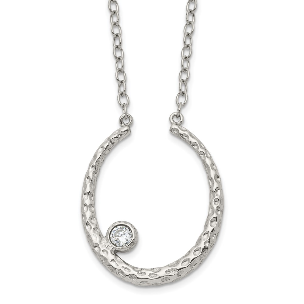 Stainless Steel Polished and Textured Necklace with CZ with 2in Ext, 18"