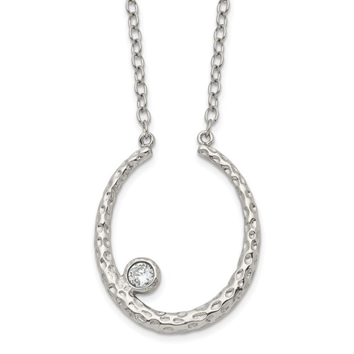 Stainless Steel Polished and Textured Necklace with CZ with 2in Ext, 18"