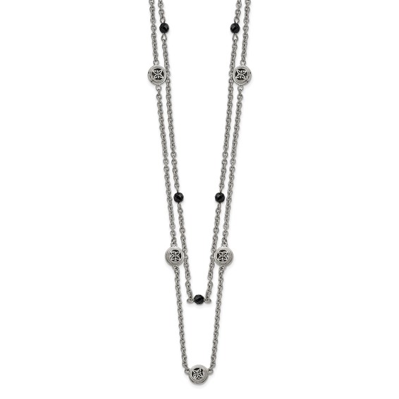 Stainless Steel Polished w/Black Onyx & Acrylic Beads w/2in ext Necklace