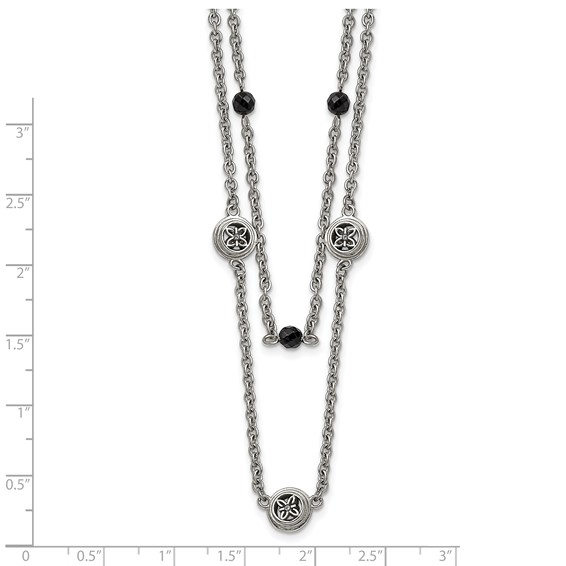 Stainless Steel Polished w/Black Onyx & Acrylic Beads w/2in ext Necklace