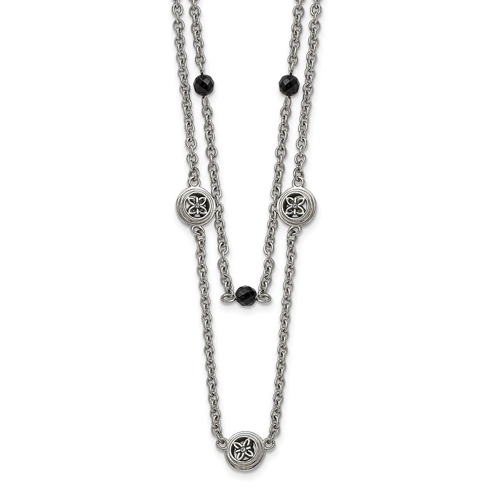 Stainless Steel Polished w/Black Onyx & Acrylic Beads w/2in ext Necklace