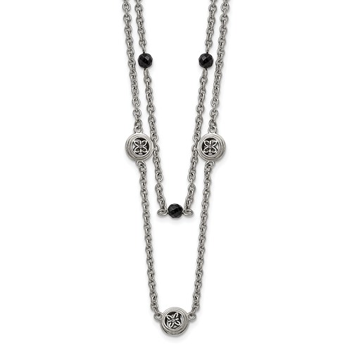 Stainless Steel Polished Necklace with Black Onyx & Acrylic Beads with Ext, 2"