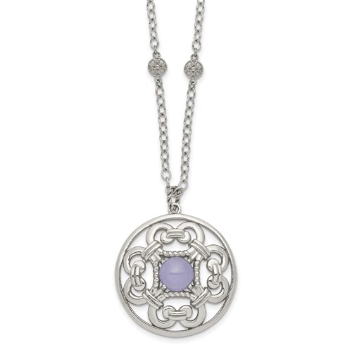 Stainless Steel Polished Synthetic Purple Calcedony Necklace with Ext, 2"
