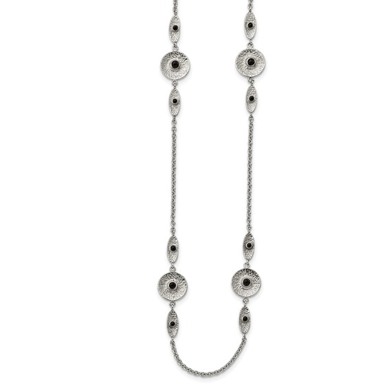 Stainless Steel Polished and Textured Black Onyx 34in w/2in ext Necklace