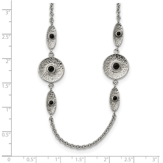 Stainless Steel Polished and Textured Black Onyx 34in w/2in ext Necklace