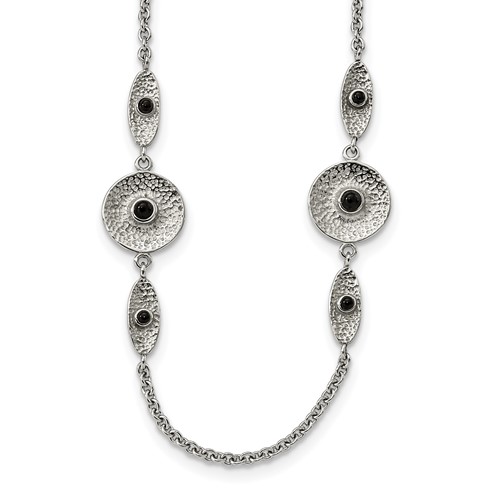 Stainless Steel Polished and Textured Black Onyx Necklace with 2in Ext, 34"