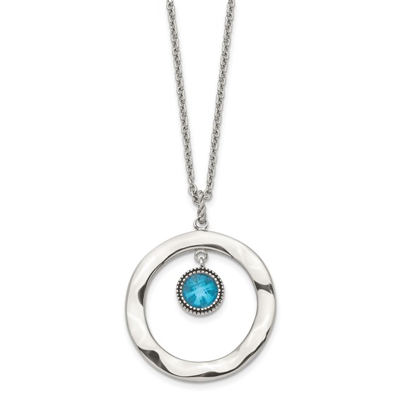 Stainless Steel Polished Blue Glass Circle 18in w/ 2in ext Necklace