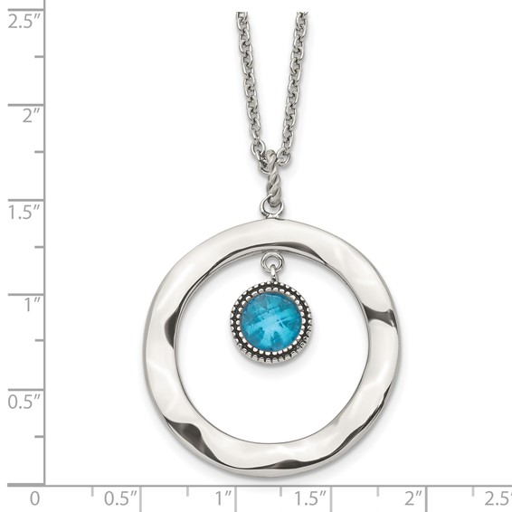 Stainless Steel Polished Blue Glass Circle 18in w/ 2in ext Necklace