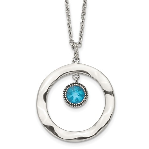 Stainless Steel Polished Blue Glass Circle Necklace with 2in Ext, 18"
