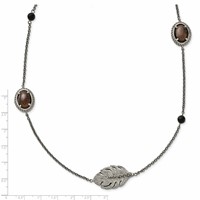 Stainless Steel Polished Leaf Smoky Quartz & Black Onyx Necklace with Ext, 2" view 4