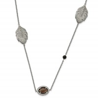 Stainless Steel Polished Leaf Smoky Quartz & Black Onyx Necklace with Ext, 2" view 1