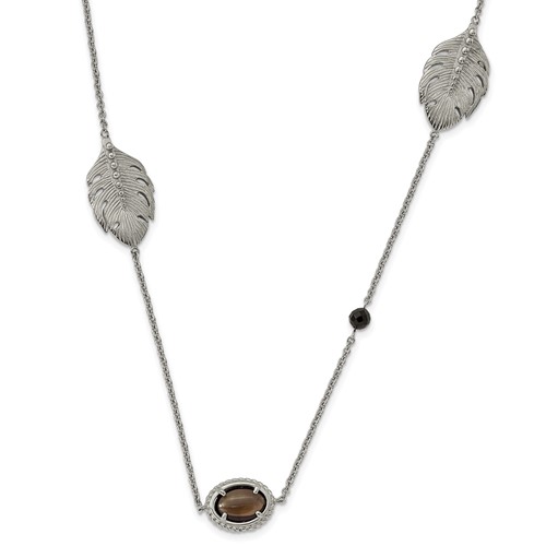 Stainless Steel Polished Leaf Smoky Quartz & Black Onyx Necklace with Ext, 2"