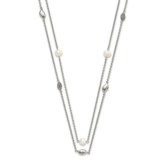 Stainless Steel Polished 2 Strand Freshwater Cultured Pearls & CZ w/ 2in ext. Necklace