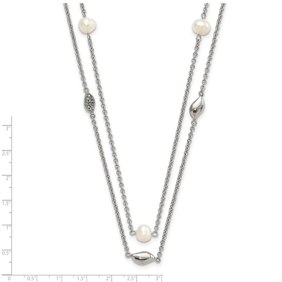 Stainless Steel Polished 2 Strand Freshwater Cultured Pearls & CZ w/ 2in ext. Necklace