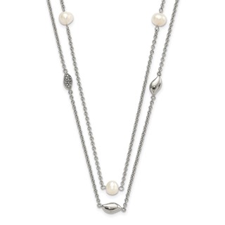 Stainless Steel Polished 2 Strand Freshwater Cultured Pearls & CZ w/ 2in ext. Necklace