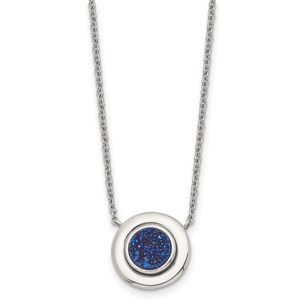 Stainless Steel Polished Blue Druzy Circle 18.25in w/2in ext Necklace