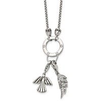 Stainless Steel Polished CZ Feather and Angel Necklace with 2in Ext, 17" view 1