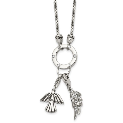 Stainless Steel Polished CZ Feather and Angel Necklace with 2in Ext, 17"