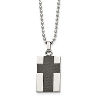 Chisel Stainless Steel Polished Carbon Fiber Inlay Cross Pendant on a 22 inch Ball Chain Necklace
