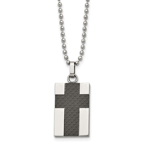 Chisel Stainless Steel Polished Carbon Fiber Inlay Cross Pendant on a Ball Chain Necklace, 22"