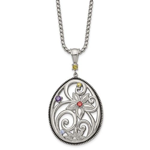 Stainless Steel Antiqued and Polished Multicolor CZ Necklace with Ext, 1.75"