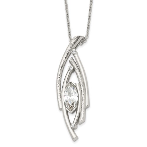 Stainless Steel Polished and Textured Necklace with CZ with 2in Ext, 24"