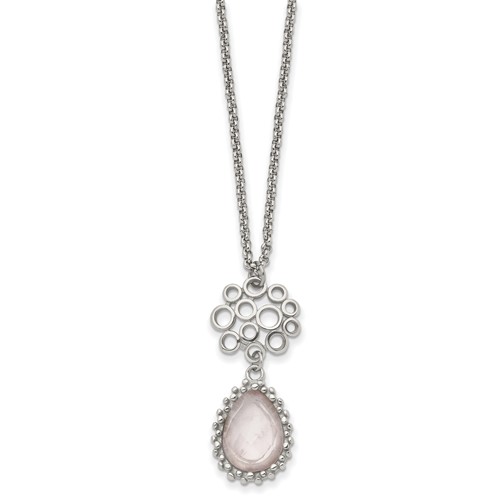 Stainless Steel Polished Rose Quartz Necklace with 2in Ext, 18"