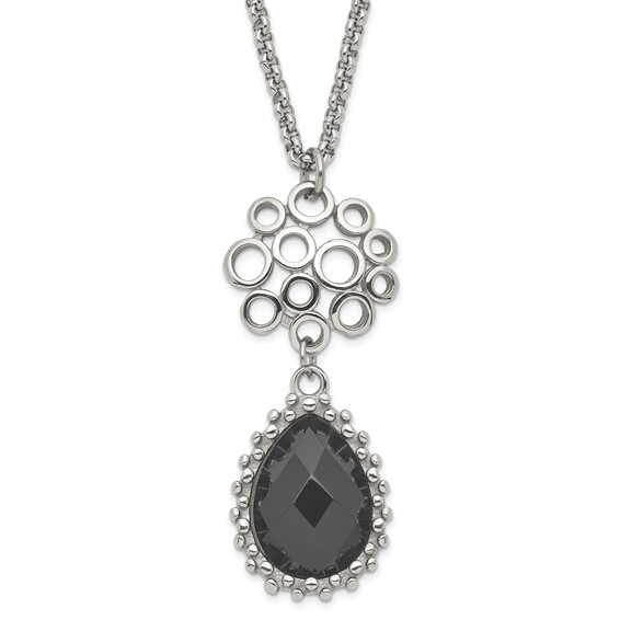 Stainless Steel Polished Circles & Teardrop Onyx w/2in ext. Necklace