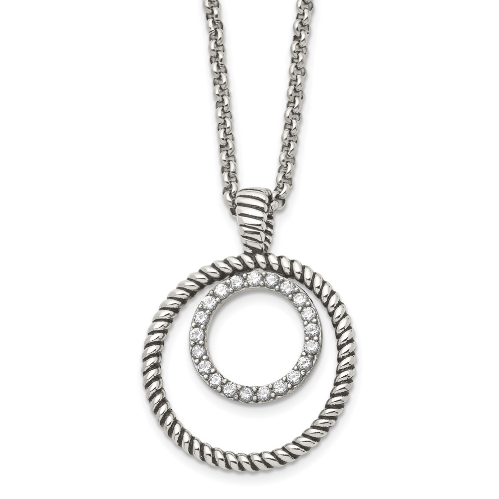 Stainless Steel Antiqued Polished & Textured Necklace with CZ Circle, 18"