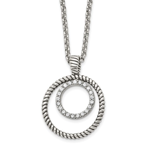Stainless Steel Antiqued Polished & Textured Necklace with CZ Circle, 18"
