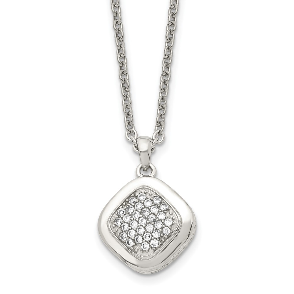 Stainless Steel Polished Necklace with CZ Square with 2in Ext, 18"