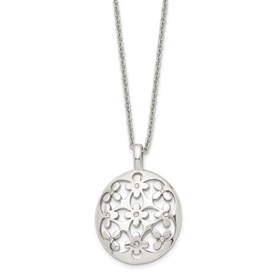 Stainless Steel Polished Circle w/CZ Flowers 18.25in w/2in ext Necklace