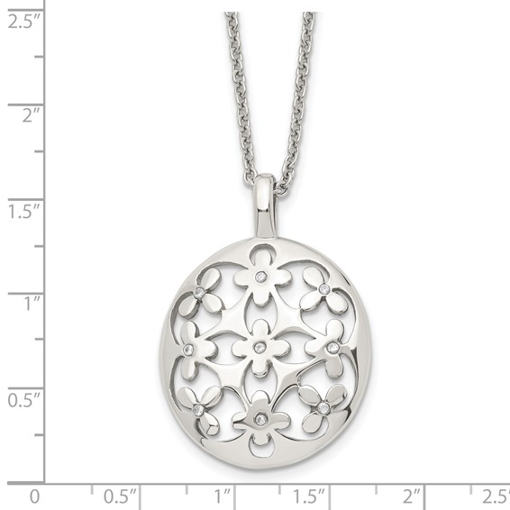 Stainless Steel Polished Circle w/CZ Flowers 18.25in w/2in ext Necklace
