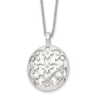 Stainless Steel Polished Circle w/CZ Flowers 18.25in w/2in ext Necklace
