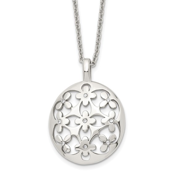 Stainless Steel Polished Circle w/CZ Flowers 18.25in w/2in ext Necklace