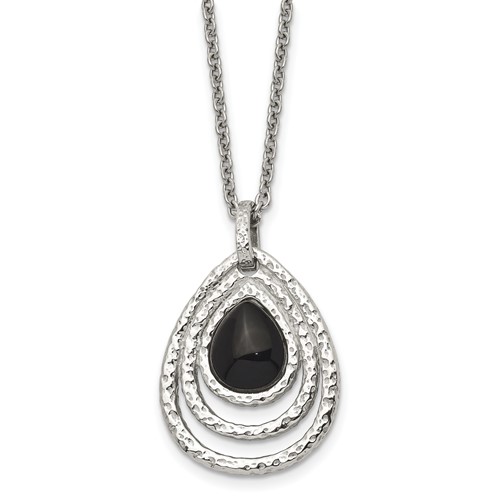 Chisel Stainless Steel Polished and Textured Black Onyx Pendant on an Cable Chain Necklace with a 2 Inch Extension, 18"