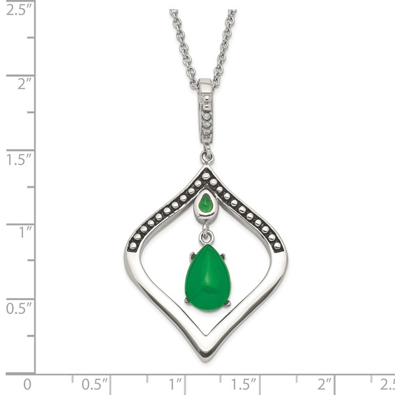 Stainless Steel Polished & Antiqued Synthetic Dyed Jade & CZ w/2in ext. Necklace