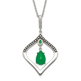 Stainless Steel Polished & Antiqued Synthetic Dyed Jade & CZ w/2in ext. Necklace