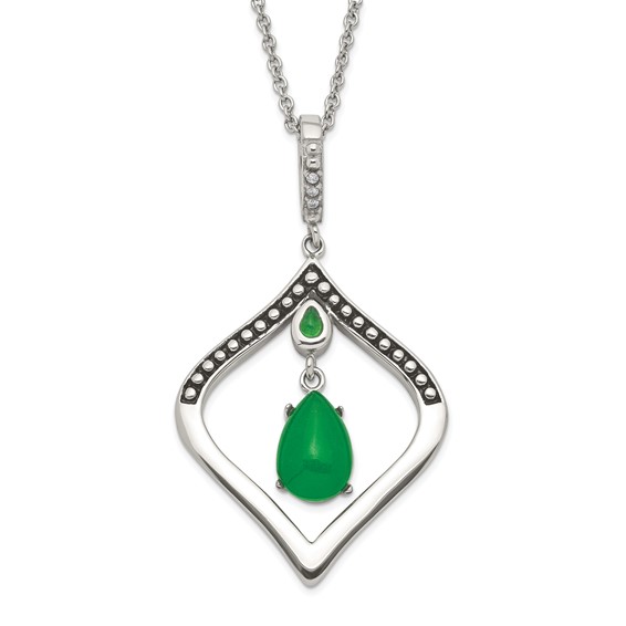 Stainless Steel Polished & Antiqued Synthetic Dyed Jade & CZ w/2in ext. Necklace