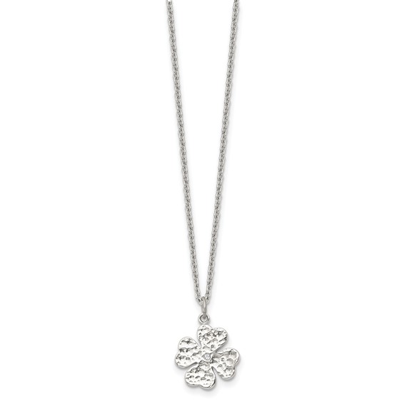 Stainless Steel Polished and Textured w/Crystal Four Leaf Clover Necklace