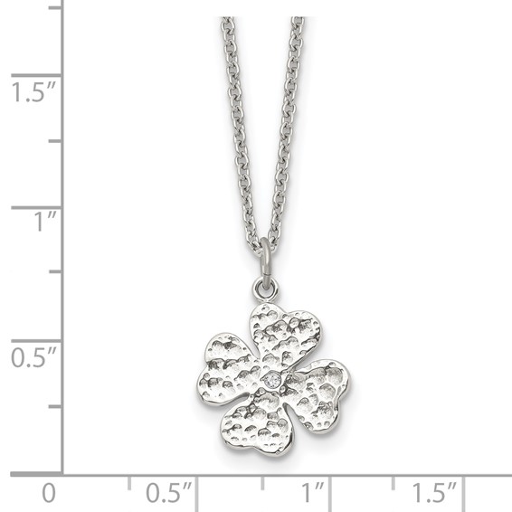 Stainless Steel Polished and Textured w/Crystal Four Leaf Clover Necklace