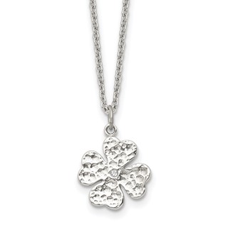 Stainless Steel Polished and Textured w/Crystal Four Leaf Clover Necklace