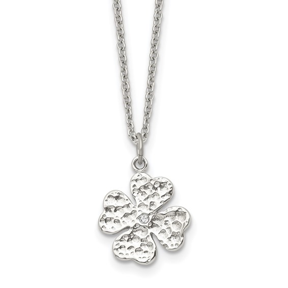 Stainless Steel Polished and Textured w/Crystal Four Leaf Clover Necklace